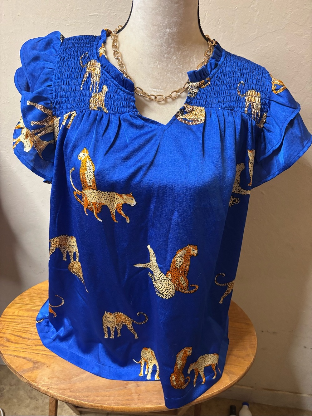 Blue Leopard Print Smocked Yoke Women's Top